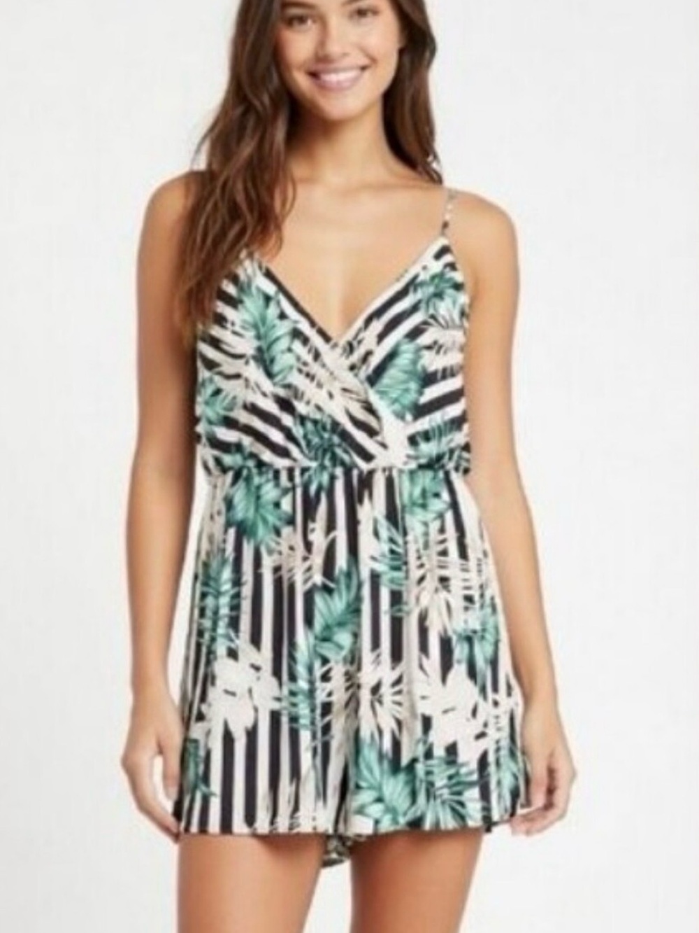 Everly Green Leaf Print Striped V-Neck Summer Dress